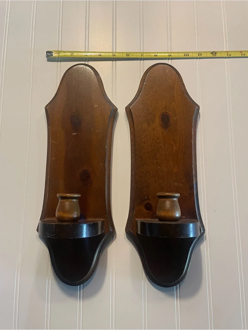 Vintage Wooden Wall Sconces in Dark Brown Walnut - Set of 2 #0215